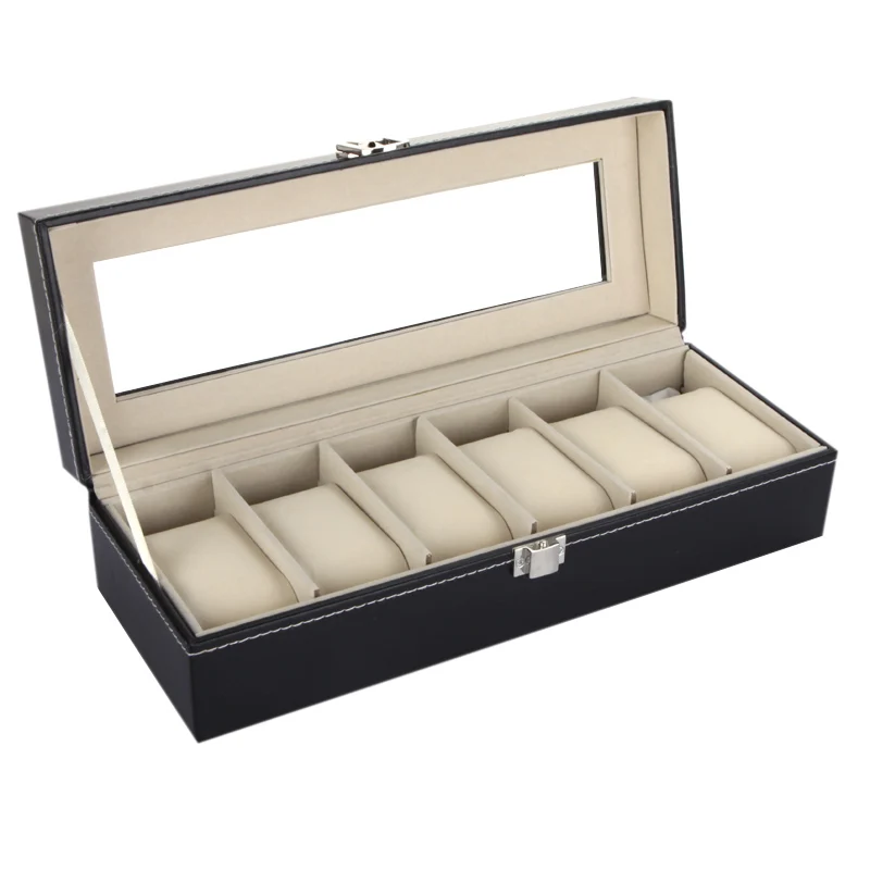 Prix pour Boîte de montre Noir 6 Grille Boîte De Montre de Mode En Cuir Vitrine Montre Titulaire D'organisateur De Stockage Box Prix pour Boîte de montre Noir 6 Grille Boîte De Montre de Mode En Cuir Vitrine Montre Titulaire D'organisateur De Stockage Box