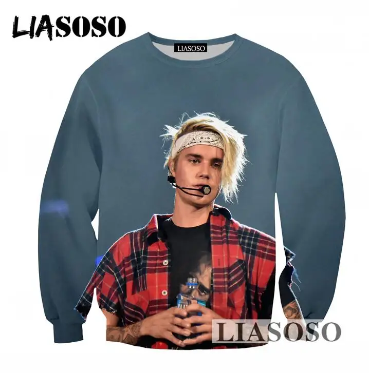 LIASOSO Newest Round Neck Long Sleeves Sweatshirt Men Women 3D Print Pullovers Singer Justin Bieber Tracksuit Clothing T747