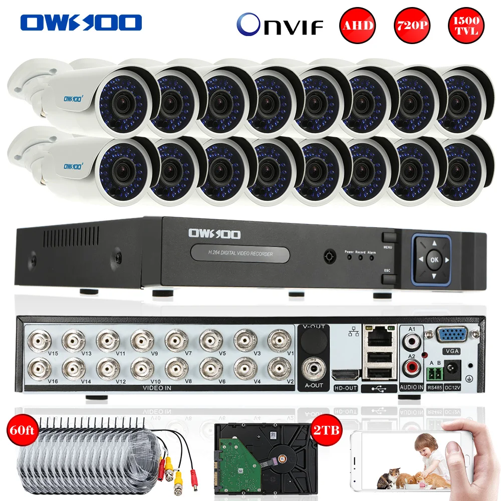OWSOO Full 720P AHD 16CH HDMI Onvif DVR Kit 2T HDD 1500TVL Outdoor