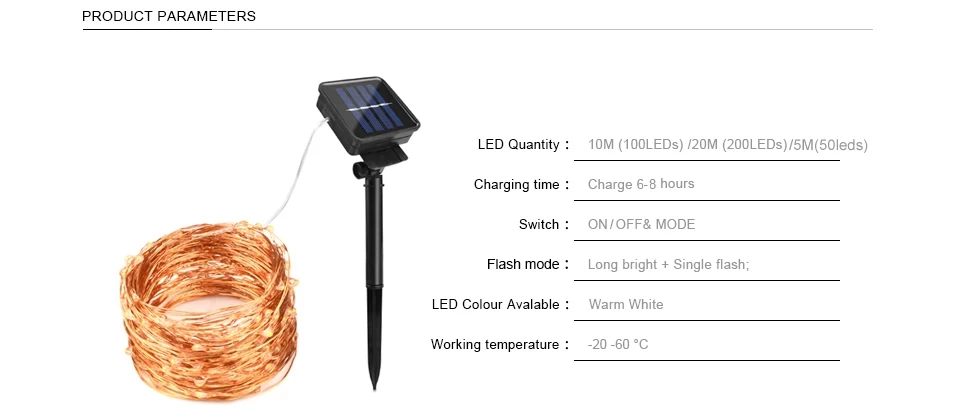 Свет Рождества 33FT Медный провод светодиодный строка luci natale Водонепроницаемый IP65 гирлянды на солнечной батарее Перезаряжаемые Солнечный