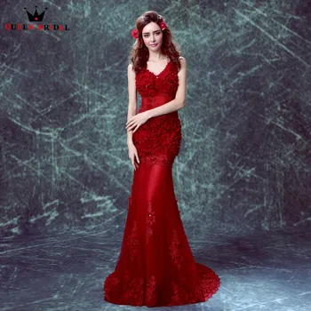 

Real Photos Evening Dresses Mermaid V-neck Flowers Sexy Wine Red Long Party Prom Dress Evening Gowns 2020 Vestido De Festa JW71