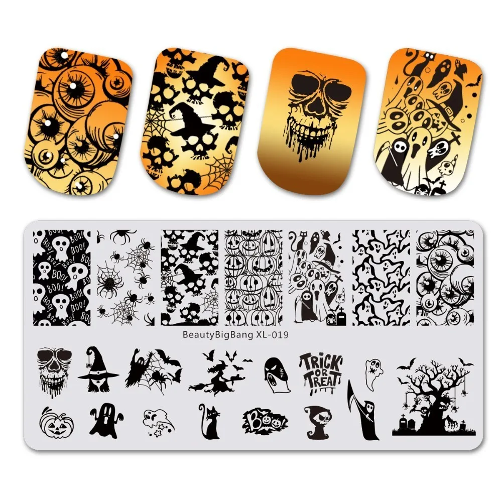 BeautyBigBang ногтей штамповки пластины Хэллоуин Забавный стиль череп шаблон для ногтей пластины прямоугольный трафарет штамп BBB XL-018