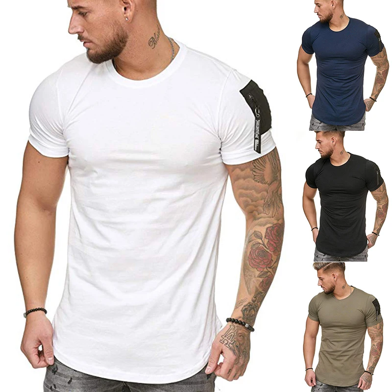 

2019 trendy European size foreign trade shoulder pocket stitching large size men's leisure sports T-shirt large size special pri