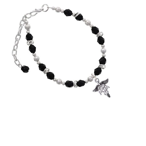 Silvertone Caduceus - PA Black Beaded Bracelet