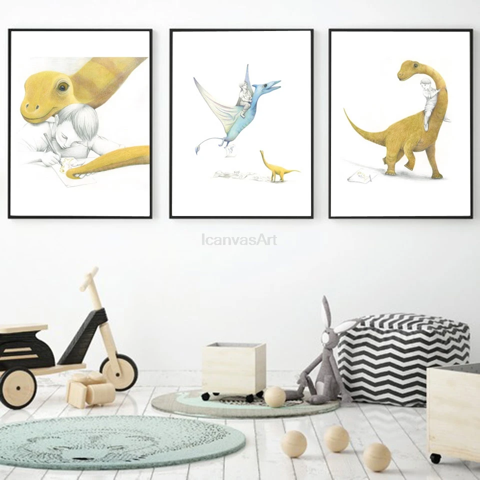Скандинавские динозавры плакаты с монстром и принтами, настенные художественные картины на холсте, нарисованные летающие прогулки, динозавры, домашний декор, картины для детской комнаты