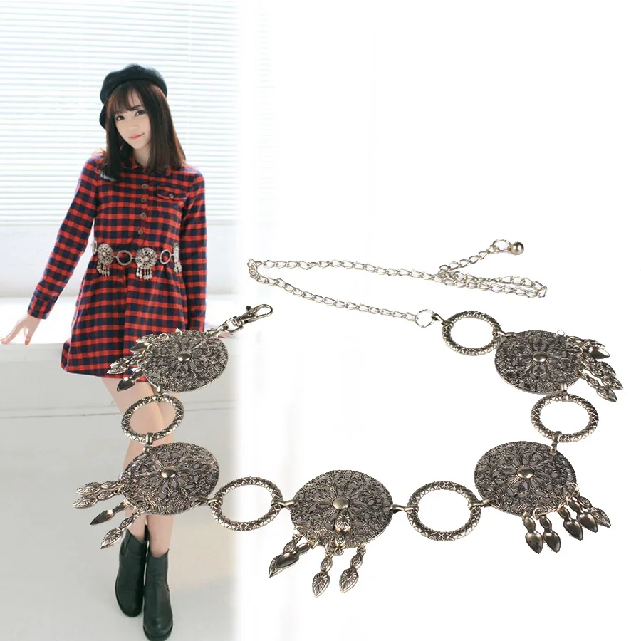 

Girl's waist decoration metal wide waist chain tassel restoring ancient ways ring of carve patterns or designs on woodwork belt