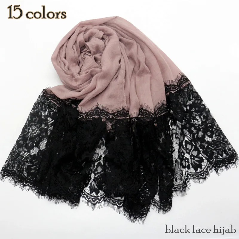 

Luxury black lace hijab two side lace Cotton Big Plain Maxi Hijab Shawl lace scarves fashion wedding wear muslim scarf 15 color