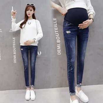 

2019 spring and summer rose pregnant women maternity wear casual pants feet lift pants elastic support stomach denim