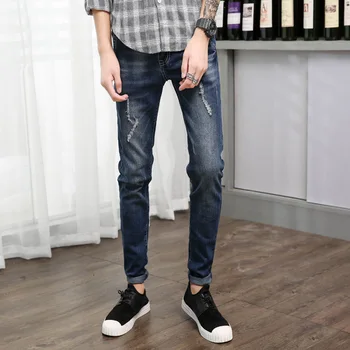 

Strech Mens Jeans Brand Scratched Denim Pants Full Length Streetwear