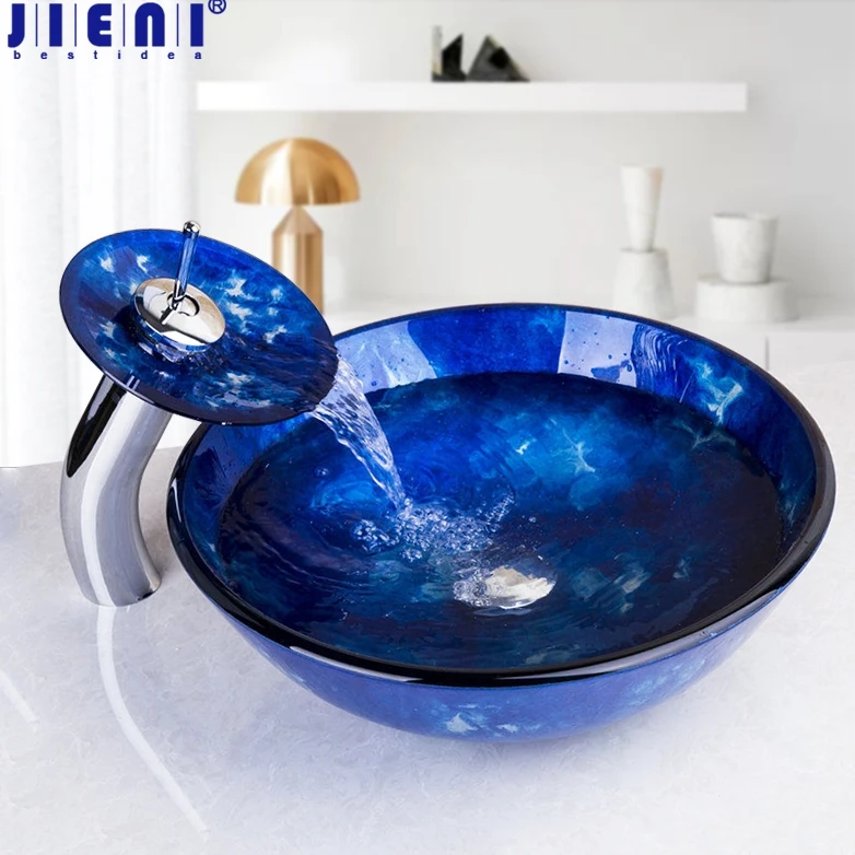 

JIENI Blue Sky Hand Paint Waterfall Tempered Glass Bathroom Basin Vessel Vanity Sink Washbasin Chrome Mixer Faucet Set w/ Drain