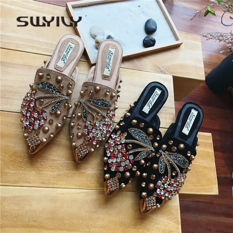 

SWYIVY Women Slipper Pointed Toe Crystal Flower 2018 Spring Female Luxury Half Slippers Lady Outside Wear Slides Woman Slippers