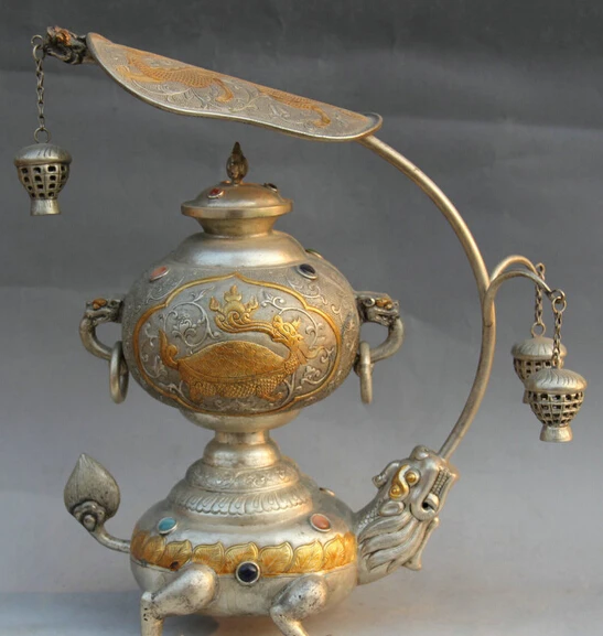 

12' Chinese Palace Silver Gild Dragon Turtle Tortoise Statue Fan Pot Jar Crock R0711