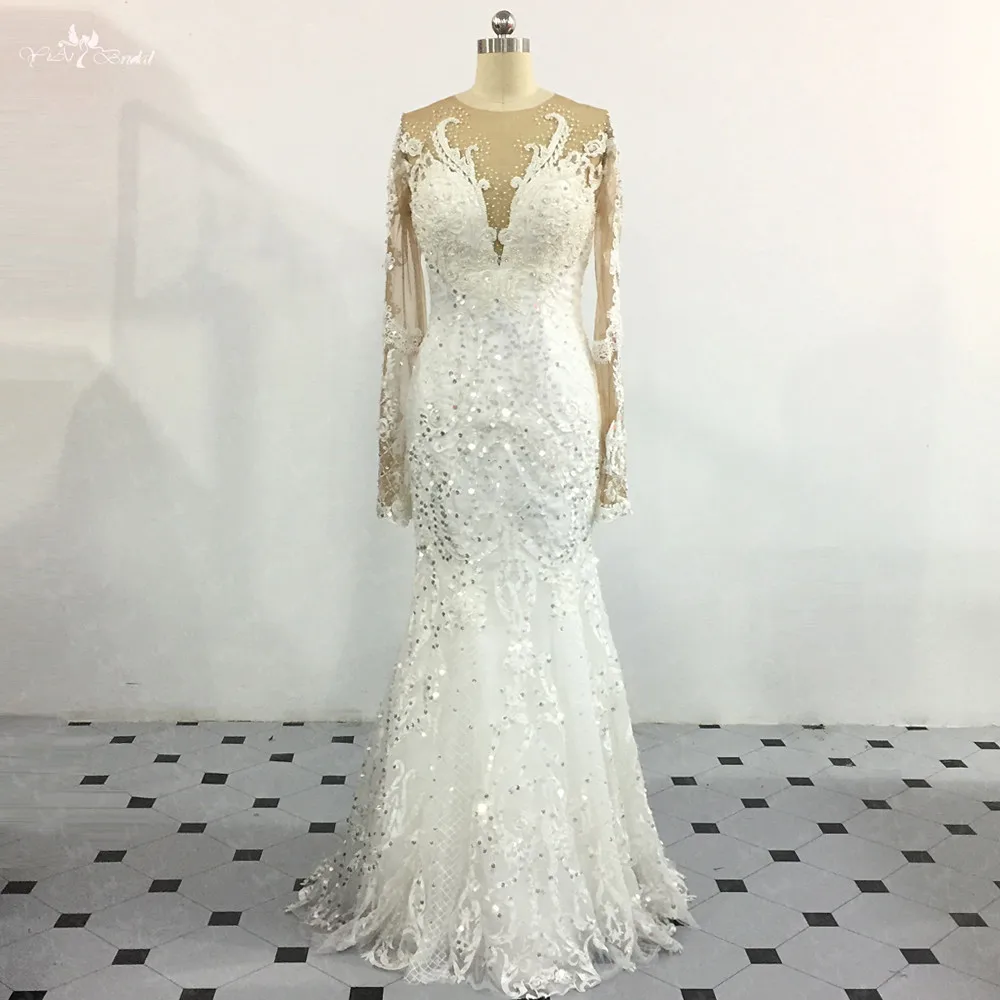 

LZ266 Yiaibridal Vestido De Noiva Heavy Beaded Long Sleeve Wedding Dress Ivory Mermaid Sequined Floor Length Bridal Dresses