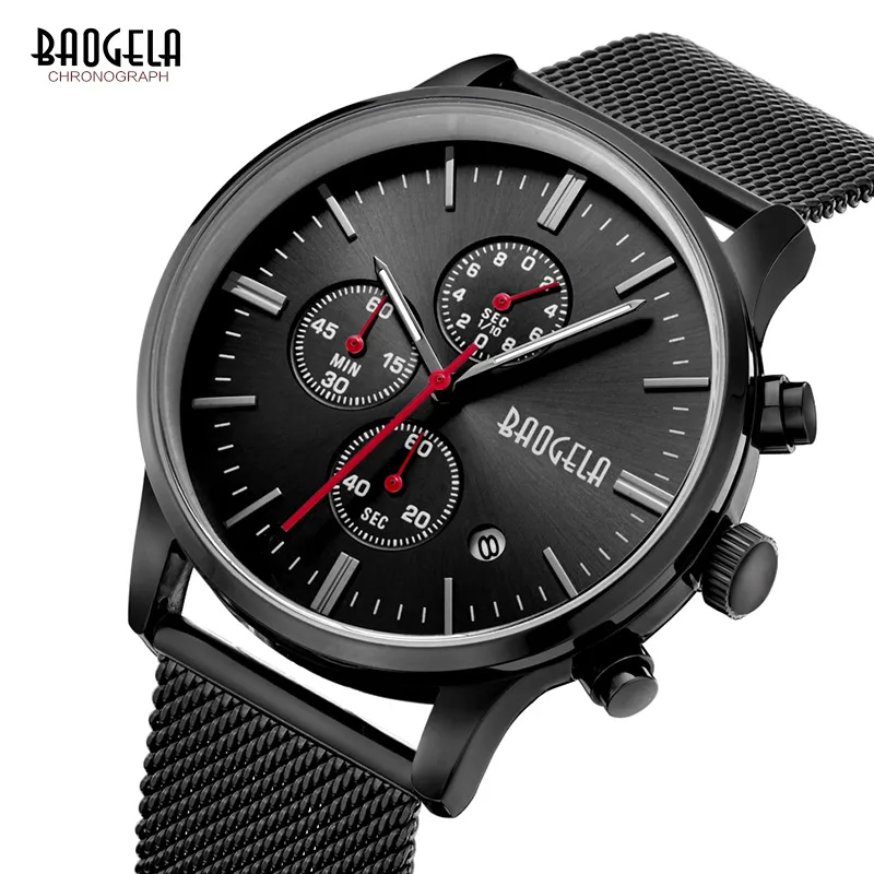 Men's Watches BAOGELA Fashion Sports quartz-watch stainless steel mesh Brand men watches Multi-function Wristwatch Chronograph 