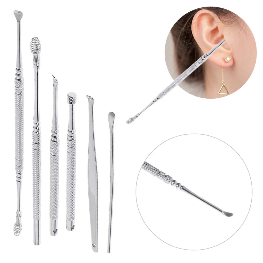 

6pcs Stainless Steel Earpick Ear Cleaning Spoon Storage Case Earwax Removing Safe Tool Anti Slip Handle Nursing Care