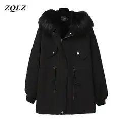 Zqlz плюс размеры 4xl зимняя черная стеганая куртка для женщин утолщение свободные хлопковые женские пальто мода меховой воротник парка с ш
