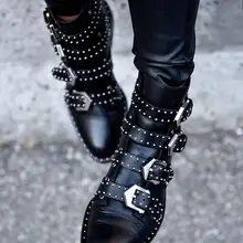 Черные ботинки с пряжкой и шипами; серебристые женские ботинки с шипами; черные ботинки из телячьей кожи с четырьмя ремешками на щиколотке