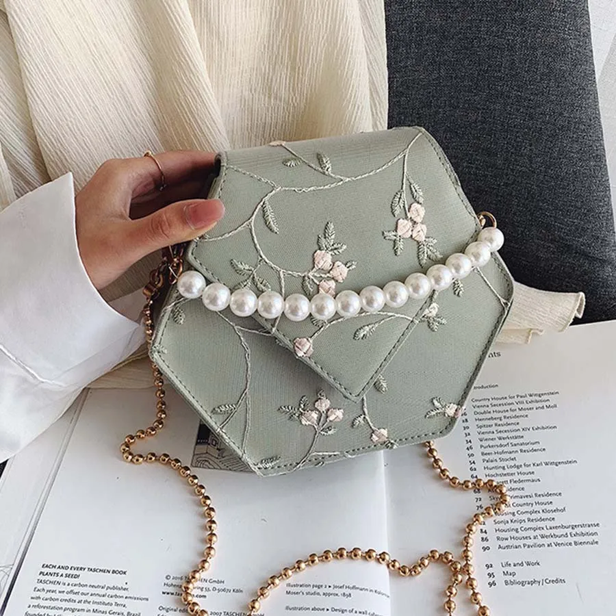 

Hexagon Embroidery Chains Crossbody Bags for Women Bag 2019 Pearls Geometry Shoulder Messenger Bag Ladies Brands Clutch Purses