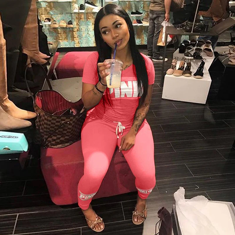 2019 Pink Letters Print Women 2Pcs Set Short Sleeve V Neck Top Tee Long Pants Tracksuit Female Set Fashion Outfits Sportswear 2019 Pink Letters Print Women 2Pcs Set Short Sleeve V Neck Top Tee Long Pants Tracksuit Female Set Fashion Outfits Sportswear