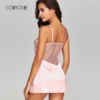 COLROVIE Without Panties Crochet Lace Applique Slips Night Dress Summer Spaghetti Strap Women Sleepwear New Sexy Nightgown 2