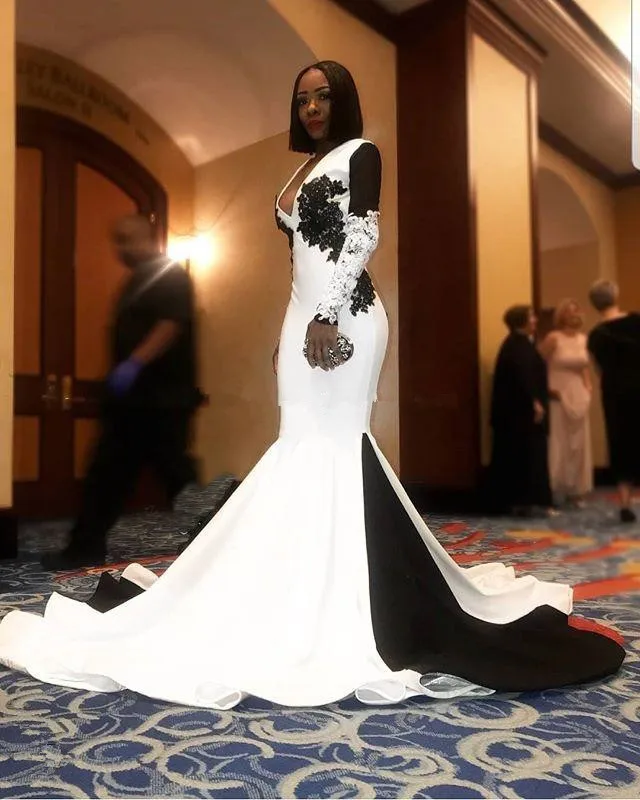 JaneVini African White and Black Long Sleeve Mermaid Evening Dresses Sexy V Neck Appliques Beaded Satin Black Girls Party Gowns