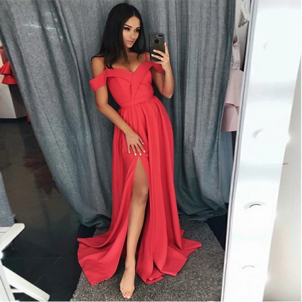 

Sleeveless A-Line Spaghetti Straps Satin vestido de formatura longo Pink Prom Dress with Split Prom Long Elegant Dresses 2021