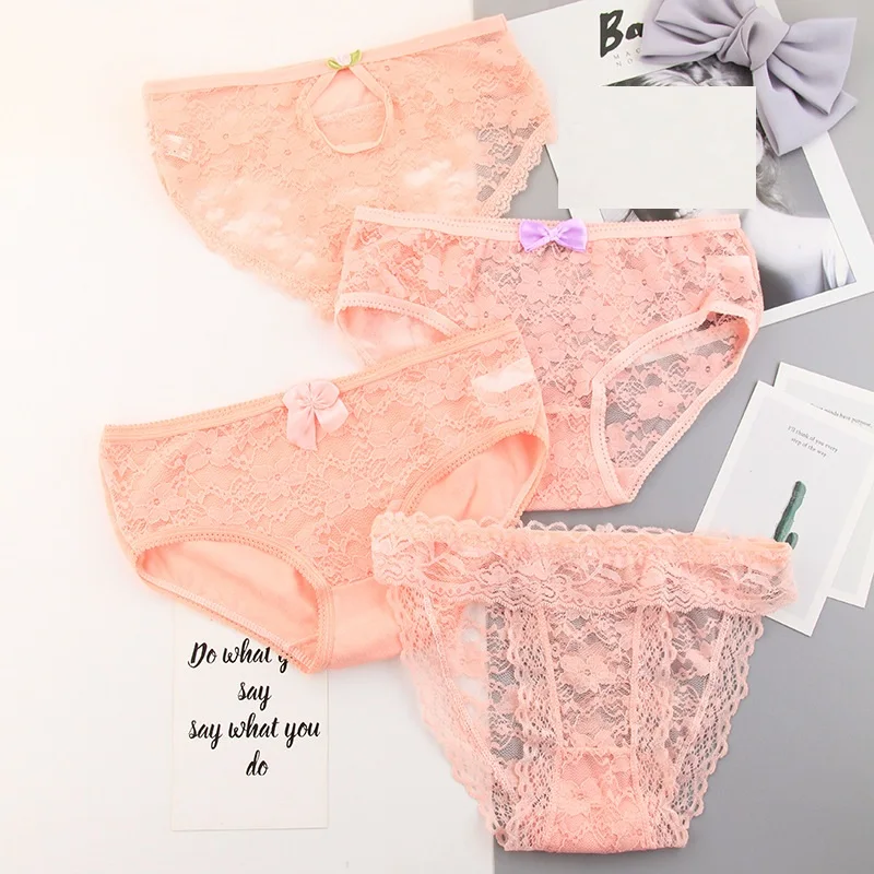 

2019 Real New Sale low waist young Girls Underwear 4pc/lot Cotton Lovely girl Briefs solid orange lace Panties