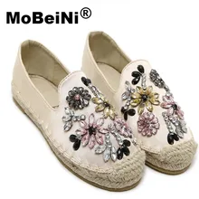 MoBeiNi Autumn Women loafer Round Toe espadrilles Pearl Comfortable Hemp Bottom Frisherman Shoes Slip On Zapato