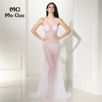 

See Though Sexy Mermaid Prom dresses with Crystals Beaded Vestidos de fiesta dress for graduation Formal Evening Prom Dress