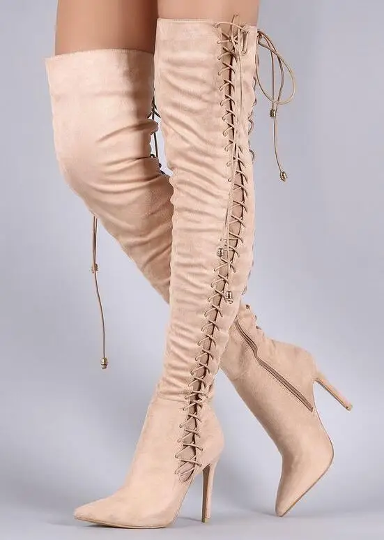 

Dipsloot Best Selling Women Faux Suede Pointed Toe Lace-up Spring/Summer Over-the-knee Boots Lady Zip Long Boots Girs High Heels