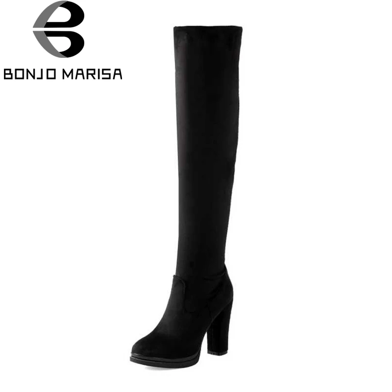 New 2015 Plus size 32-43 Autumn Winter Women's Shoes Knee Boots Autumn Boots Sapatos Femininos High Heels Flock Zipper Black Women's Shoes