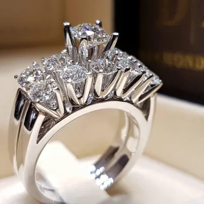 Modyle Elegant Zircon Ring Jewelry Silver Promise CZ Stone Engagement Wedding Ring Set for Women Girls Bridal Jewelry R75