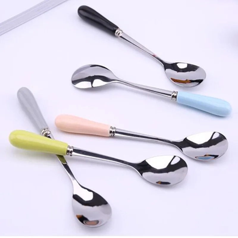 2pcs Korean ceramic long handled spoon stainless steel soup spoon