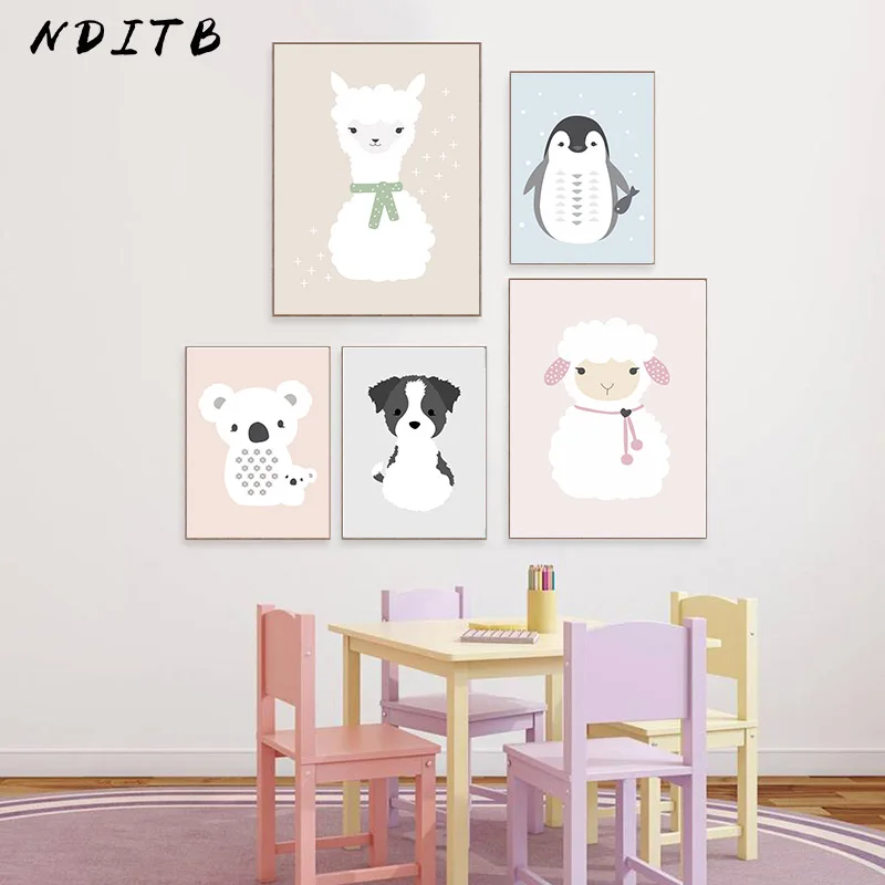 

NDITB Kawaii Cartoon Animal Canvas Painting Llama Bear Dog Poster Nursery Art Print Wall Picture for Baby Kid Bedroom Decoration