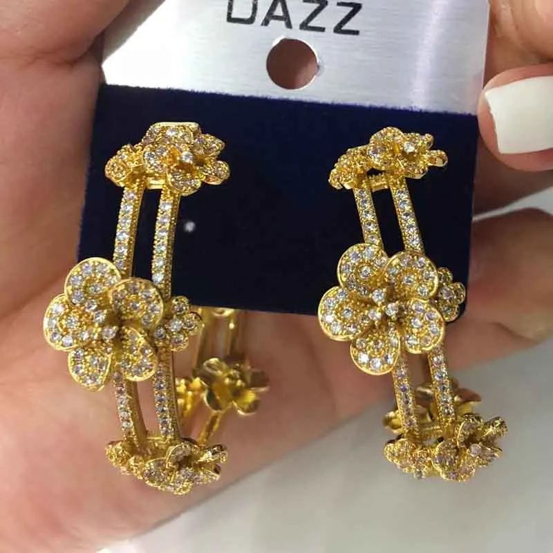 

Dazz Luxury Gold Color Flower Earring Circle Fashion Zircon Ladies Wedding Banquet Ladies Bride Earrings High Jewelry Addiction