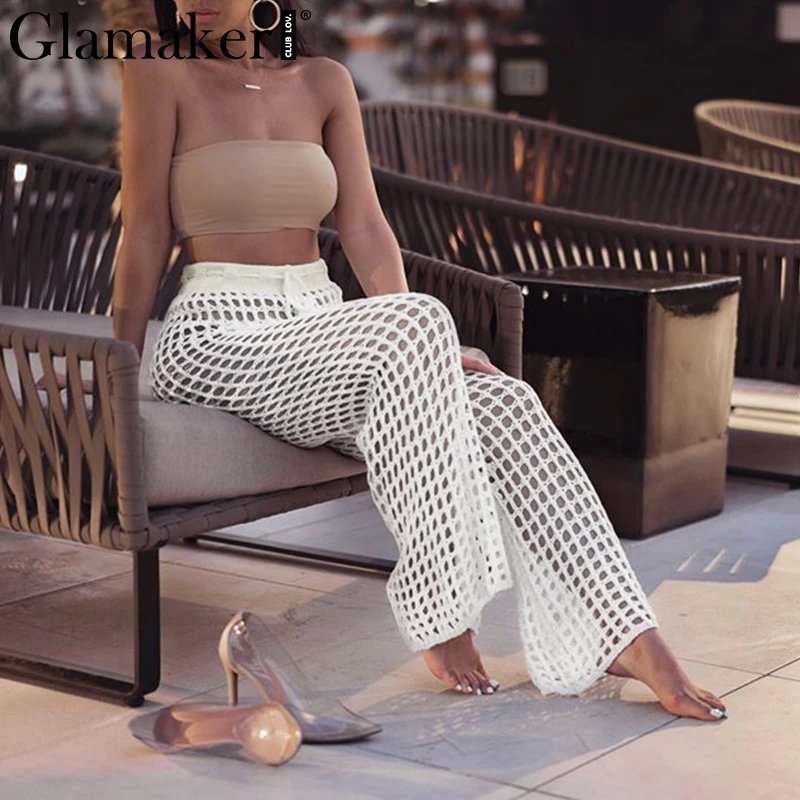 

Glamaker White mesh lace up sweatpants sexy pants Women knitting wide leg ladies pants capri Party club summer bottoms trousers