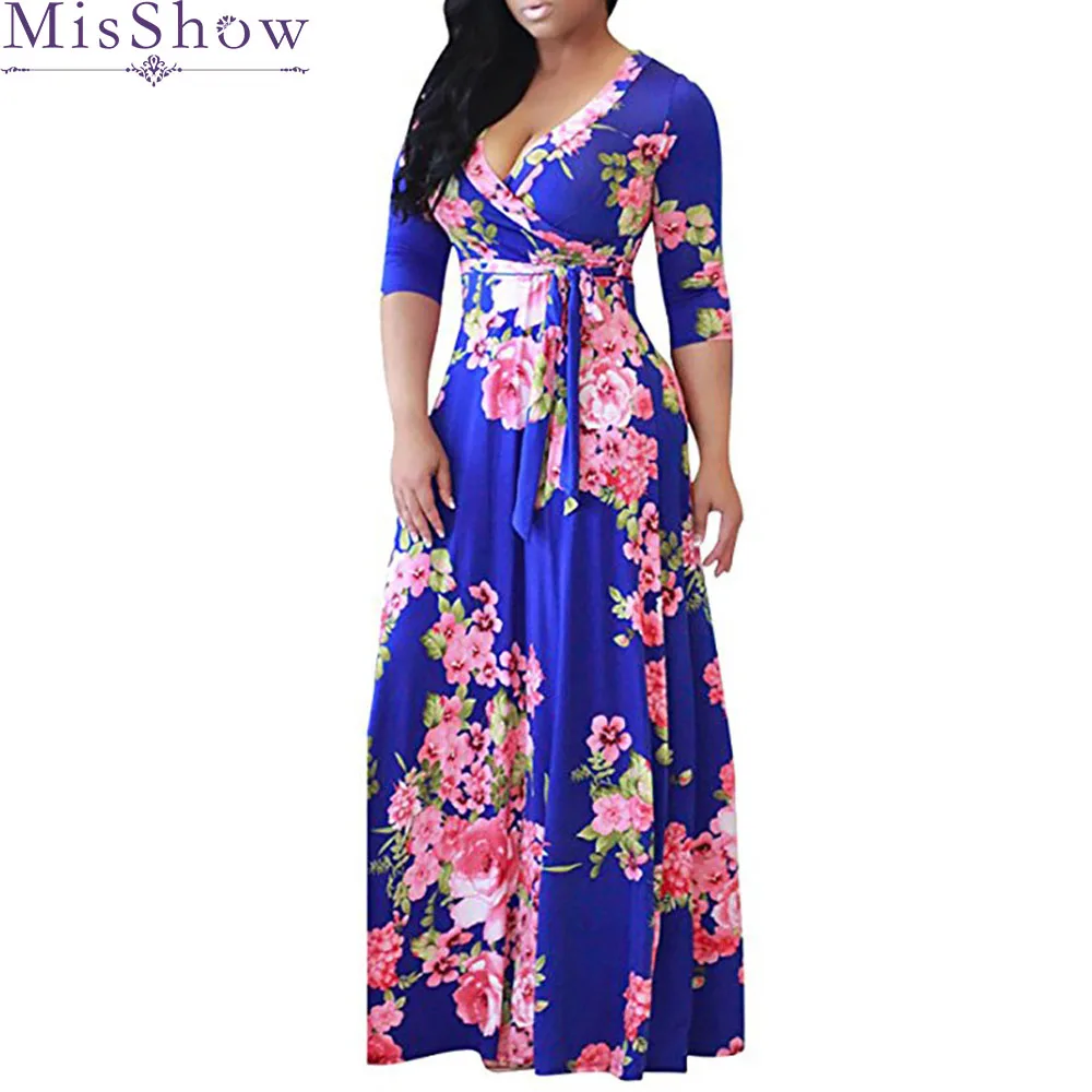 Women's short Sleeve Dresses Floral Print Maxi Long Dress with Sashes Deep V-Neck 2022 Summer Plus Size 3XL 4XL 5XL Beach Dress