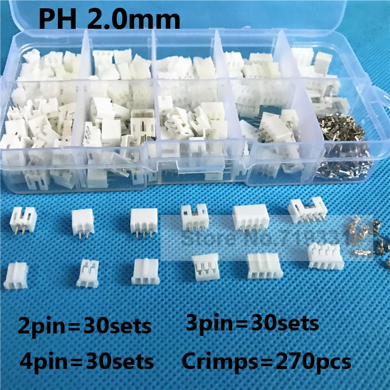 

90sets Kit in box 2p 3p 4 pin 2.0mm Pitch Terminal / Housing / Pin Header Connector Wire Connectors Adaptor PH 2P Kits