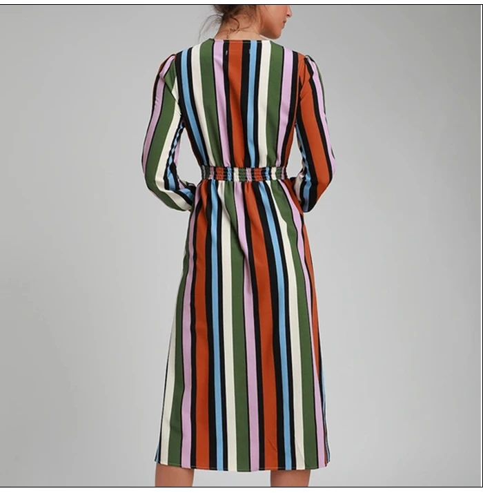 S. FLAVOR, цветное Полосатое женское платье с v-образным вырезом, элегантное, на одной пуговице, тонкое, длинный рукав, сарафан для женщин, мода, весна, Vestidos