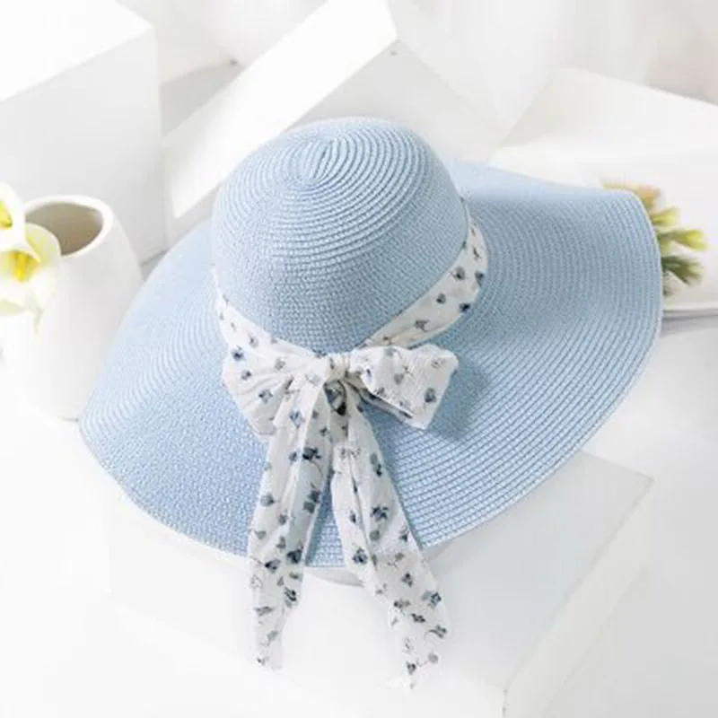 2019 new summer female sun hat bow ribbon panama beach hats for women chapeu feminino sombrero floppy straw hat