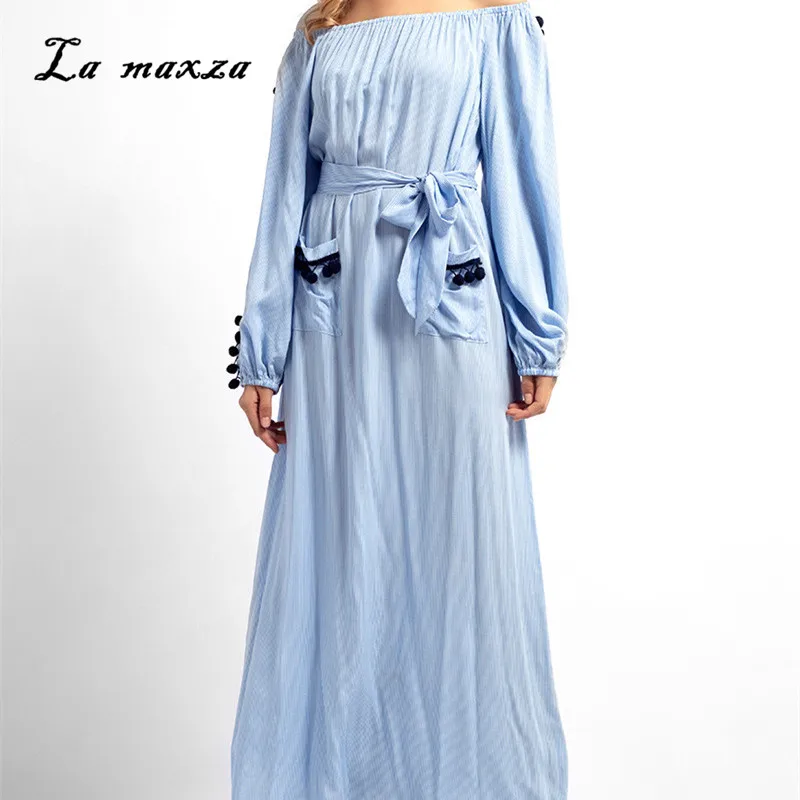 

Women Muslim Elegant Striped Casual Dress Abaya Gowns Muslim Middle East Arab Islamic Clothing