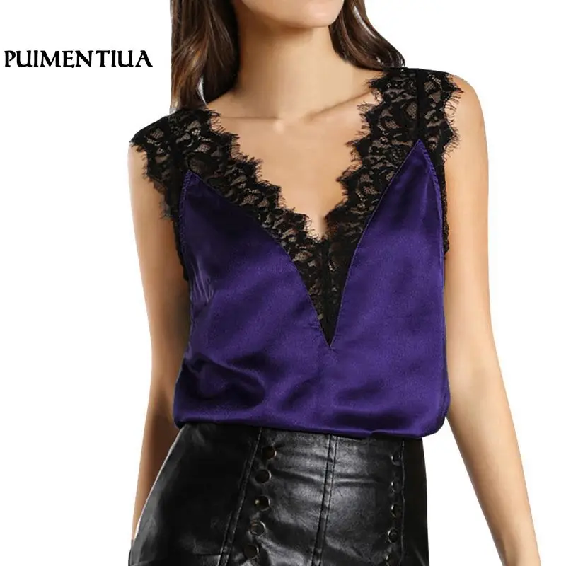 

Puimentiua 2018 Womens Satin Lace Blouse Tanks Top Summer Sexy Sleeveless Vest Fashion Camisole Female Crop Top T-Shirt Tank Top