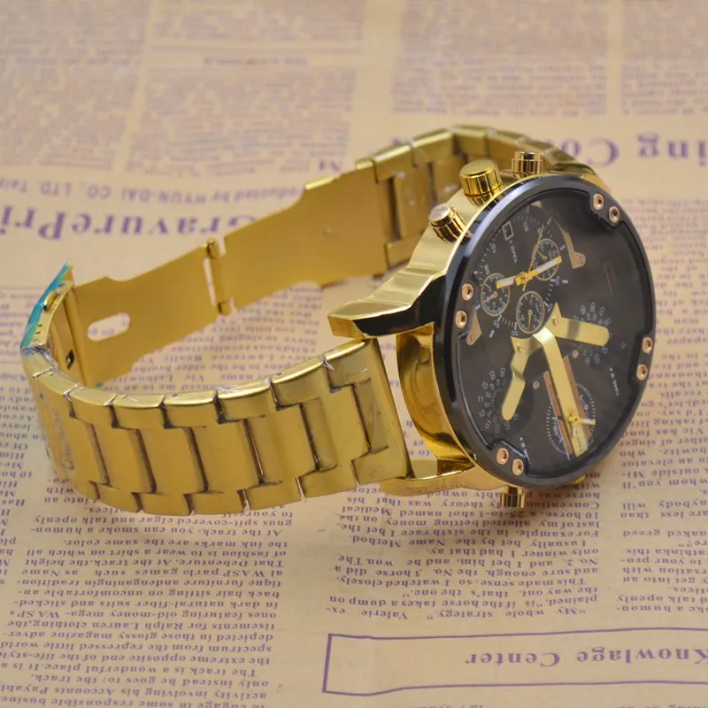 Золотые кварцевые часы из тонкой стали, мужские многофункциональные часы с двумя часовыми поясами, автоматические часы с датой, второй запуск, военные часы 57 мм