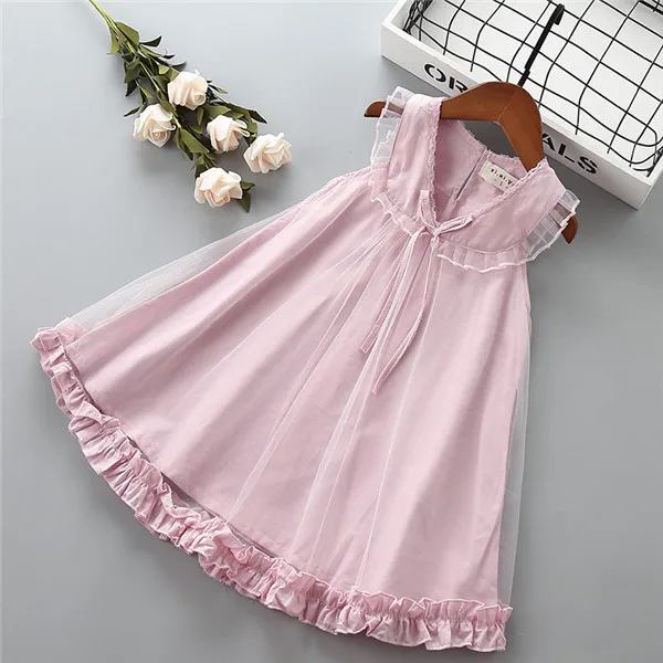 От 2 до 7 лет высокое качество девушка платье в году, новая летняя мода Лук Твердые рюшами ребенок дети девочка одежда вечернее платье принцессы - Цвет: Розовый