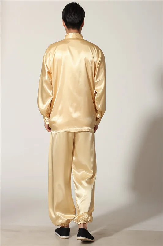 Новинка Золотая Мужская сатиновая пижама в китайском стиле пижама на пуговицах мягкая Ночная рубашка и брюки Ночная рубашка M L XL XXL