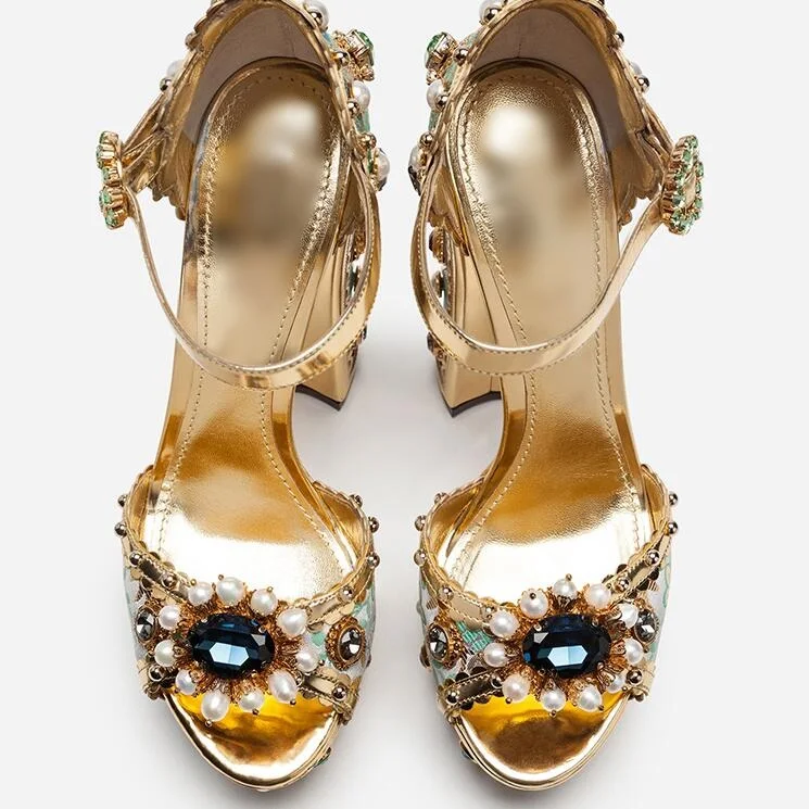 Luxury Crystal Pearl Embellished Platform Sandals Buckle Wedding Gold Floral Rhinestone Shoes Luxury Chunky High Heels Sandals