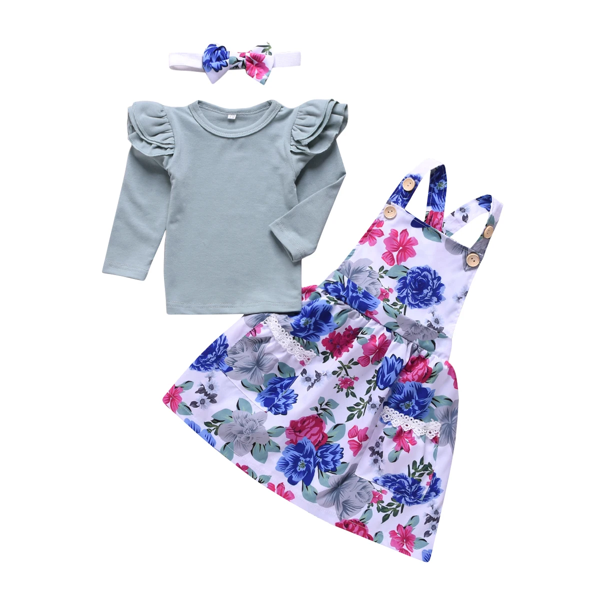 

Little Girl Spring 3PCS Dress Clothes Sets Baby Girls Long Sleeve Cotton Shirt+Floral Pocket Dresses+Headband Kids Outfits 2019