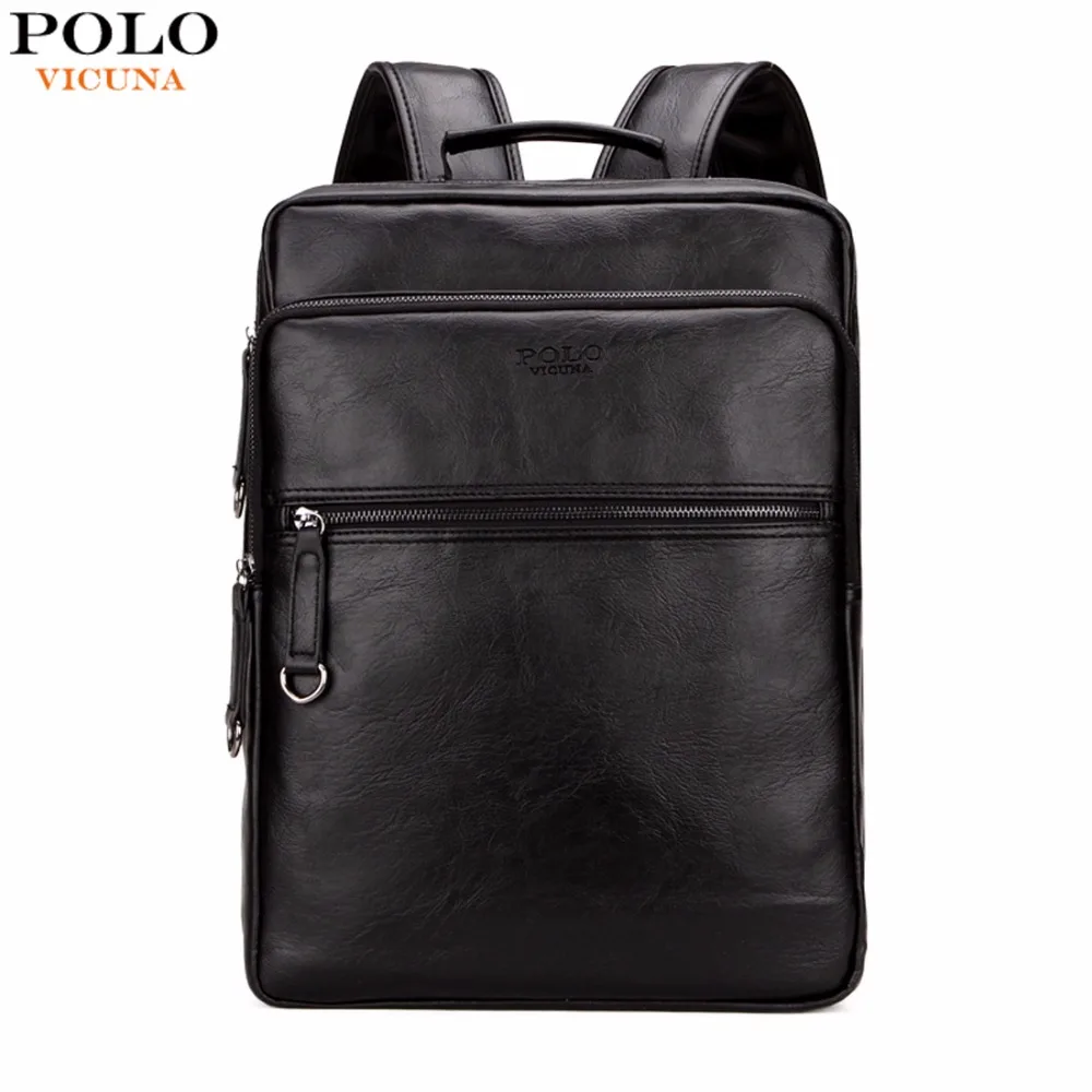 VICUNA POLO Large Capacity Cool Black Leather Men Backpack Promotion Solid Black Mens Laptop Backpack Leather Backpack mochila