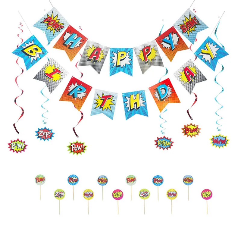 

25pcs/set Superhero Birthday Spiderman Theme Decoration Paper Flag Screw Hangers Red Blue Hanging Cards Spiral Hanging Ornament