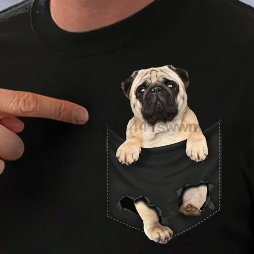 

Pug Pocket T Shirt Pug Inside Pocket Dog Lovers Cotton Men Black HOT Cartoon t shirt men Unisex New Fashion tshirt free